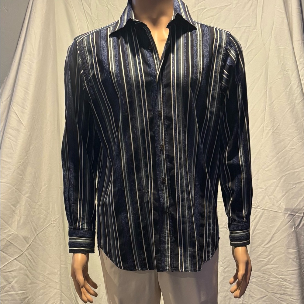 Etro Milano Navy and White Striped Button Down Shirt S